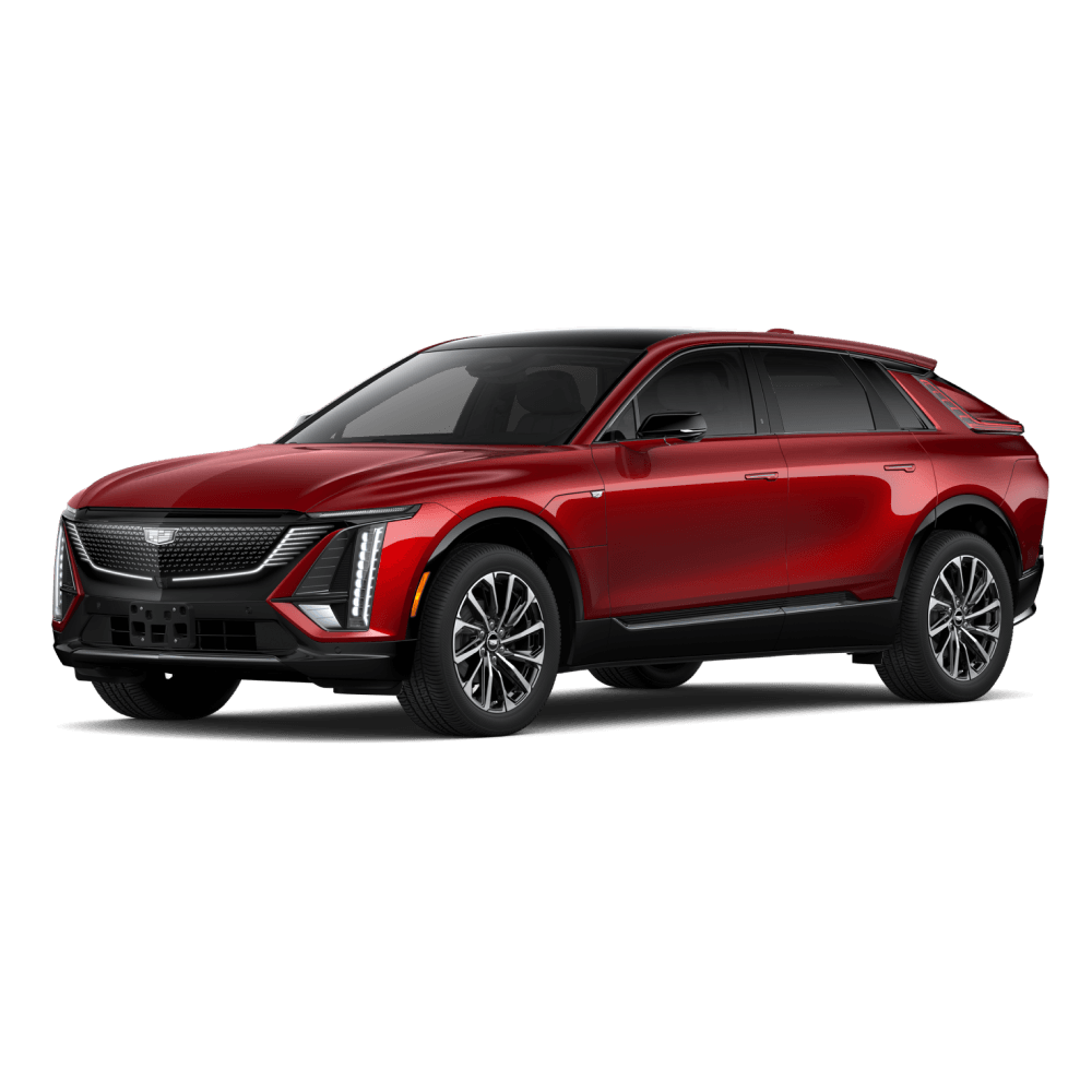 2026 Cadillac Lyriq Sport in Radiant Red Tintcoat in three quarter angle.