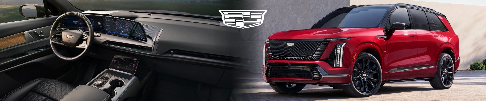 2027 Cadillac VISTIQ Sport with black interior and Platinum in Radiant Red, front three-quarter view in an urban setting.