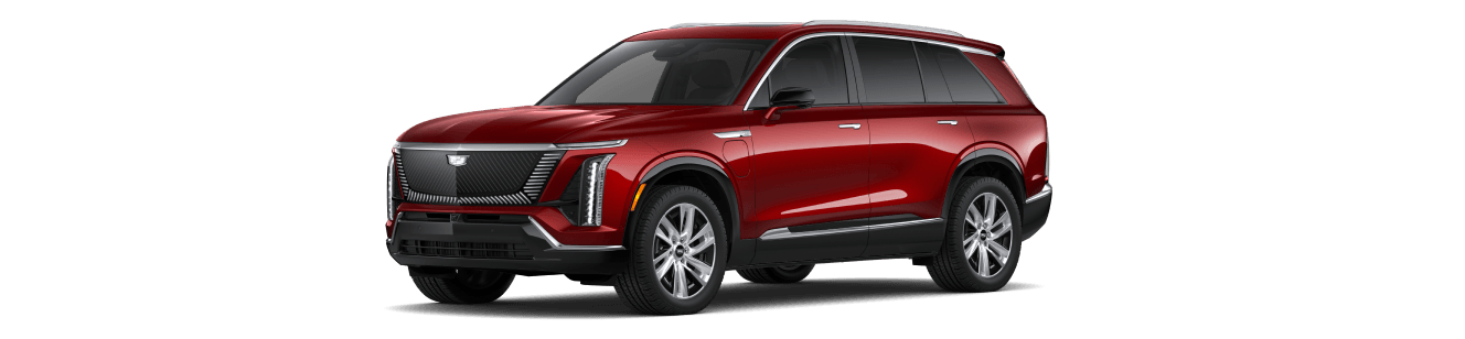 2027 Cadillac VISTIQ Luxury in Radiant Red, shown in a front three-quarter driver-side view.