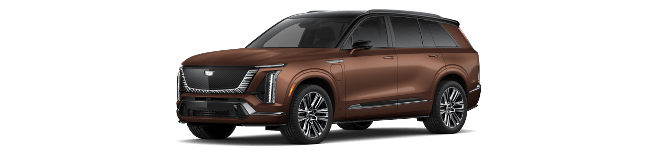 2027 Cadillac VISTIQ Platinum AWD in Adobe Frost, shown in a front three-quarter driver-side view.