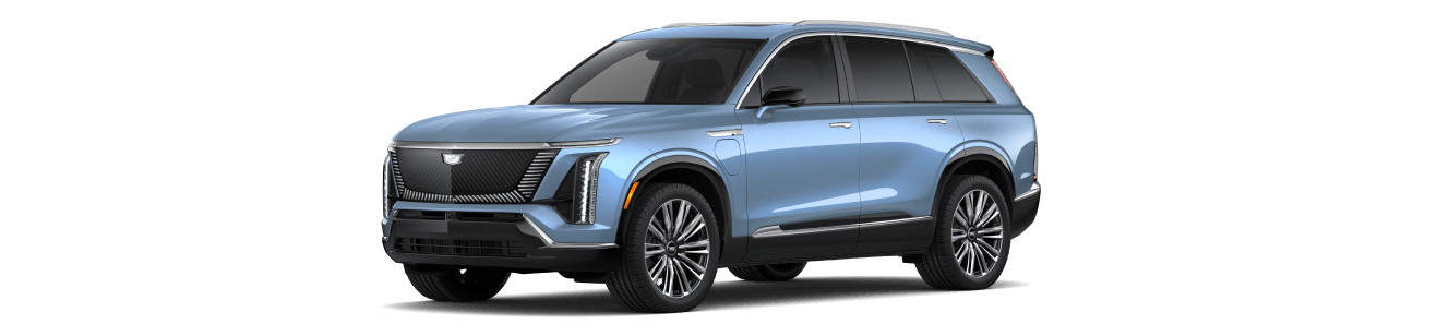 2027 Cadillac VISTIQ Premium Luxury in Blue Graphite, shown in a front three-quarter driver-side view.