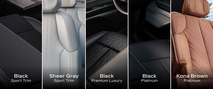 2027 Cadillac VISTIQ upholstery: Sport Black, Sport Sheer Gray, Premium Luxury Black, Platinum Black and Kona Brown.