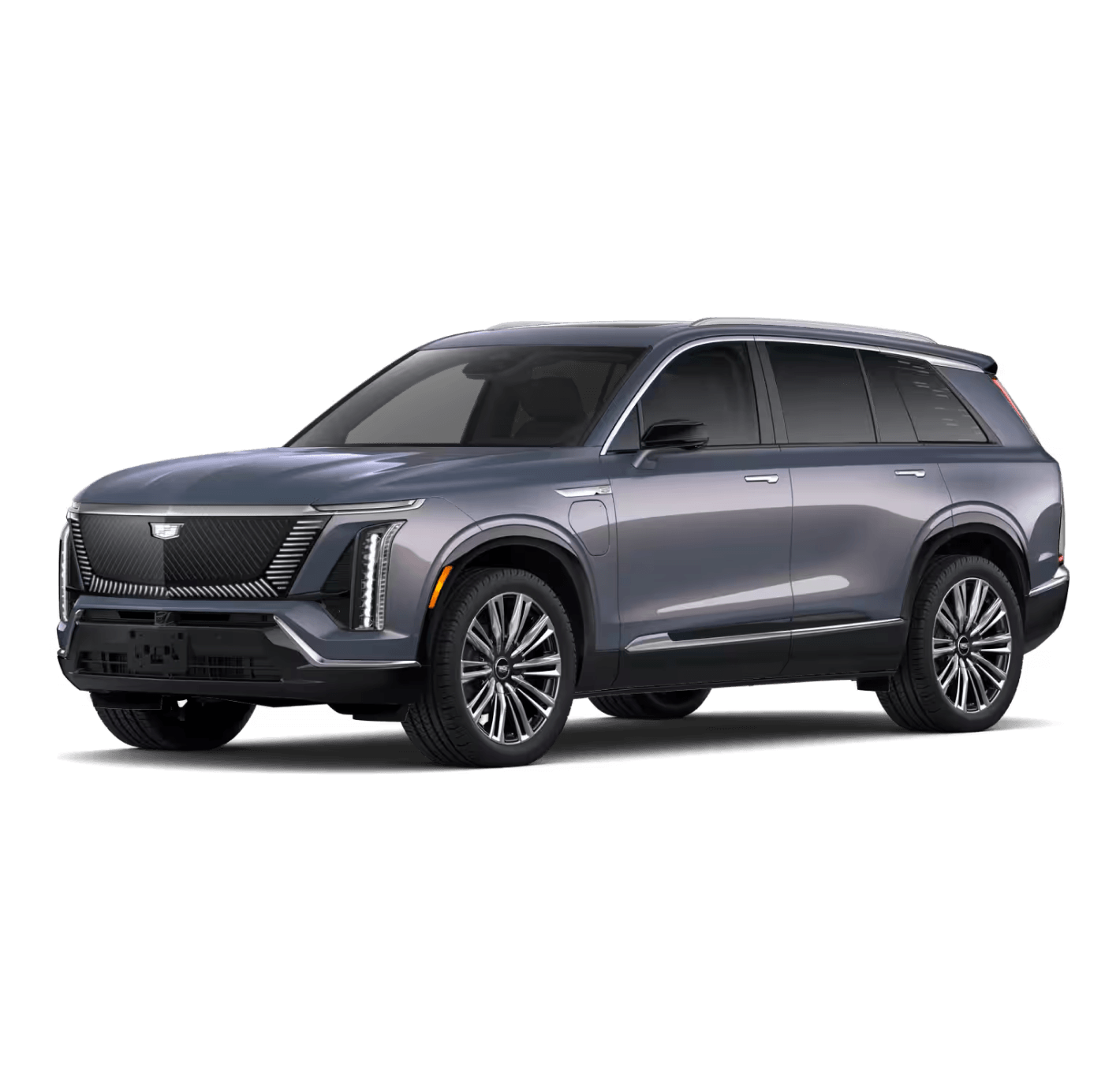 2026 Cadillac Vistiq Premium Luxury in Celestial Silver Metallic in three quarter angle.