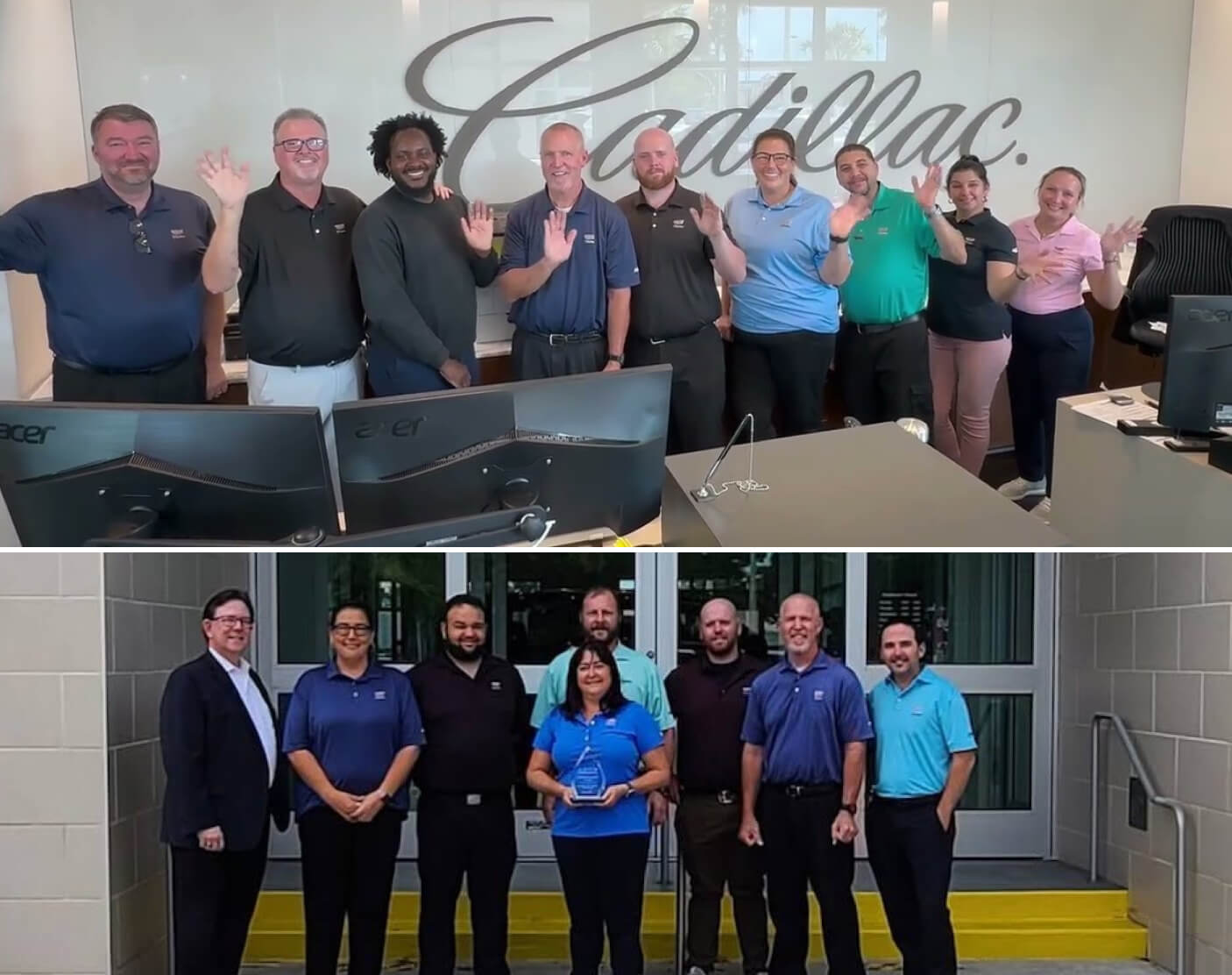 The DeVoe Cadillac team smiling and waving and holding an award outside.