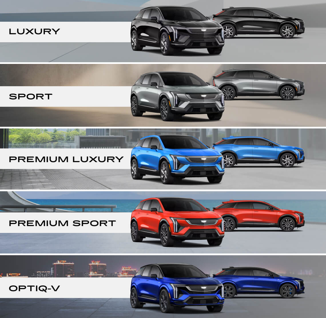 A split view of all Cadillac OPTIQ trim levels showing Luxury in black, Sport in silver, Premium Luxury in blue, Premium Sport in red, and OPTIQ-V in dark blue.