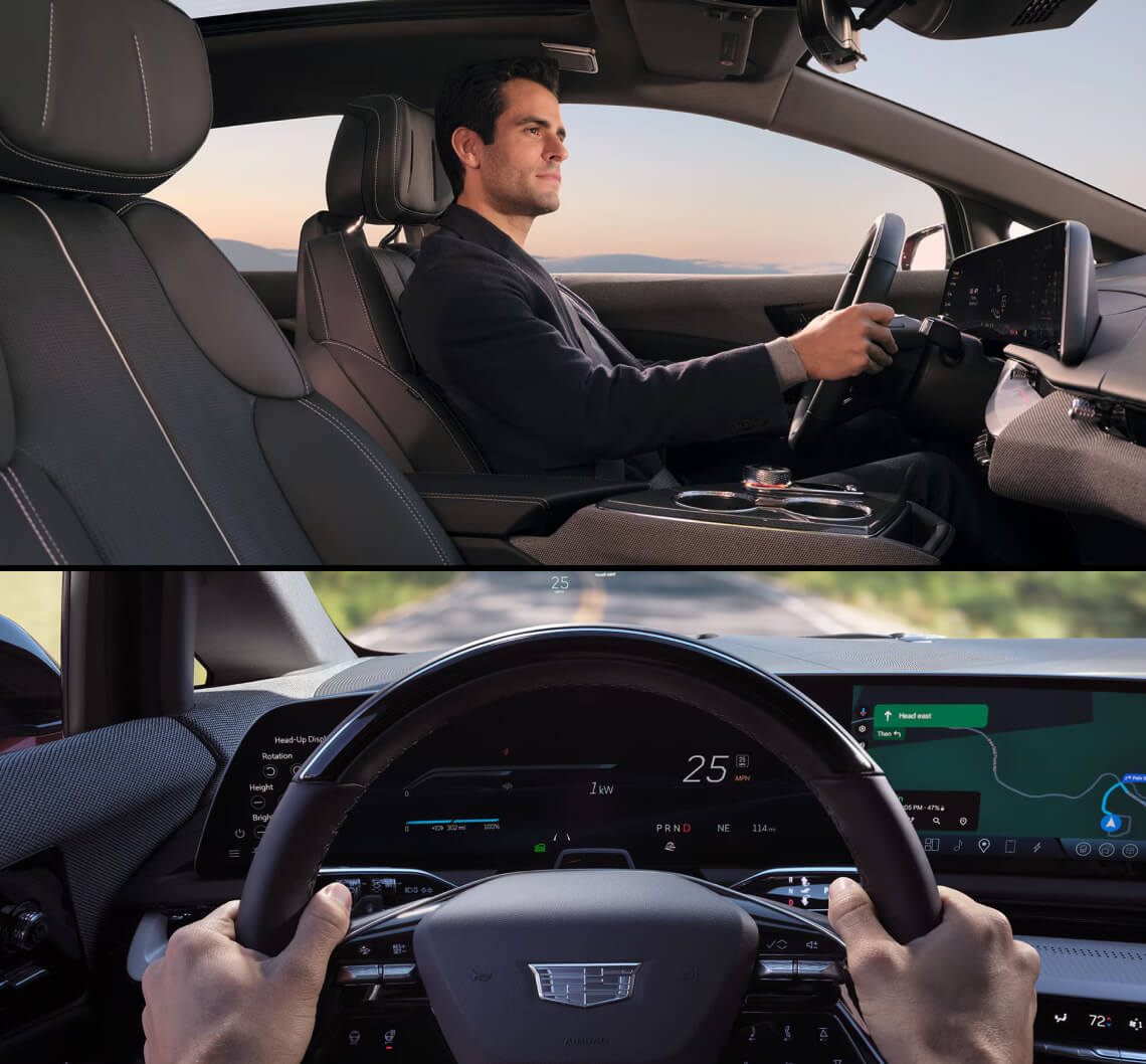 Interior shots showing Cadillac OPTIQ and OPTIQ-V interior details and driver perspective.
