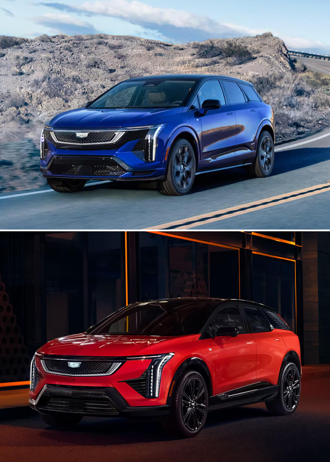 Interior shots showing Cadillac OPTIQ and OPTIQ-V interior details and driver perspective.