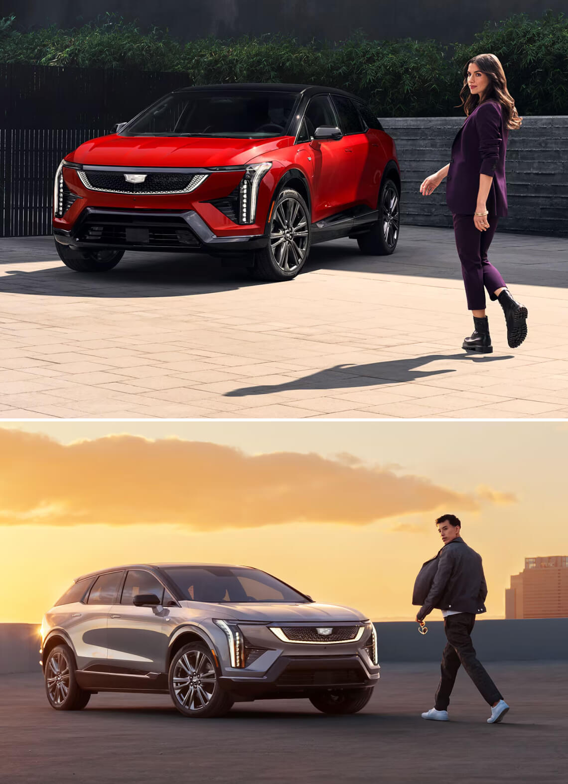 A woman walks toward a red OPTIQ parked in a driveway. A man walks toward a silver OPTIQ on a rooftop parking lot at sunset.
