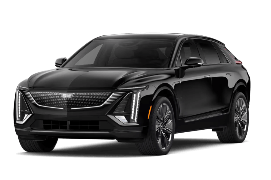 Front three-quarter view of a black Cadillac LYRIQ