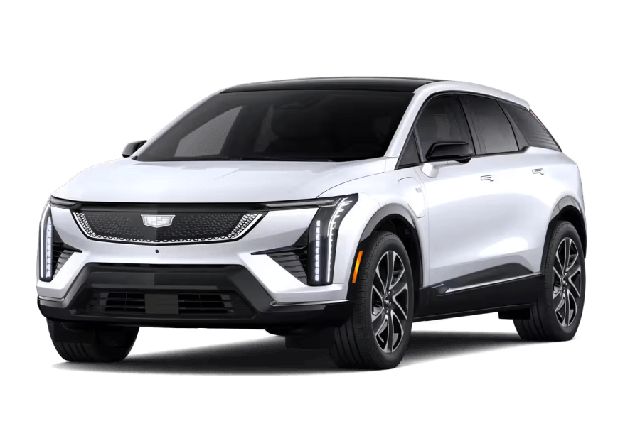 Front three-quarter view of a white Cadillac OPTIQ