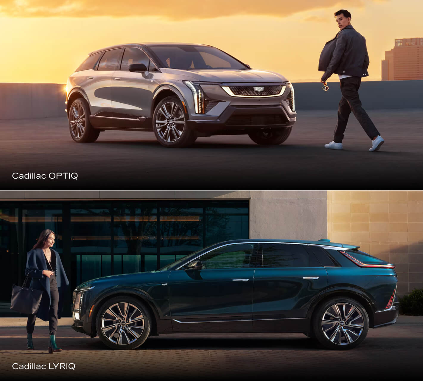 Exterior views of a silver 2027 Cadillac OPTIQ parked on a rooftop and a blue LYRIQ parked on a city street.