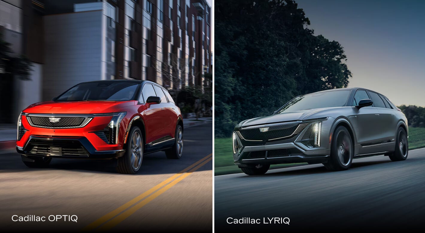 Exterior views of a red Cadillac OPTIQ on a city street and a silver OPTIQ driving down a forest road.
