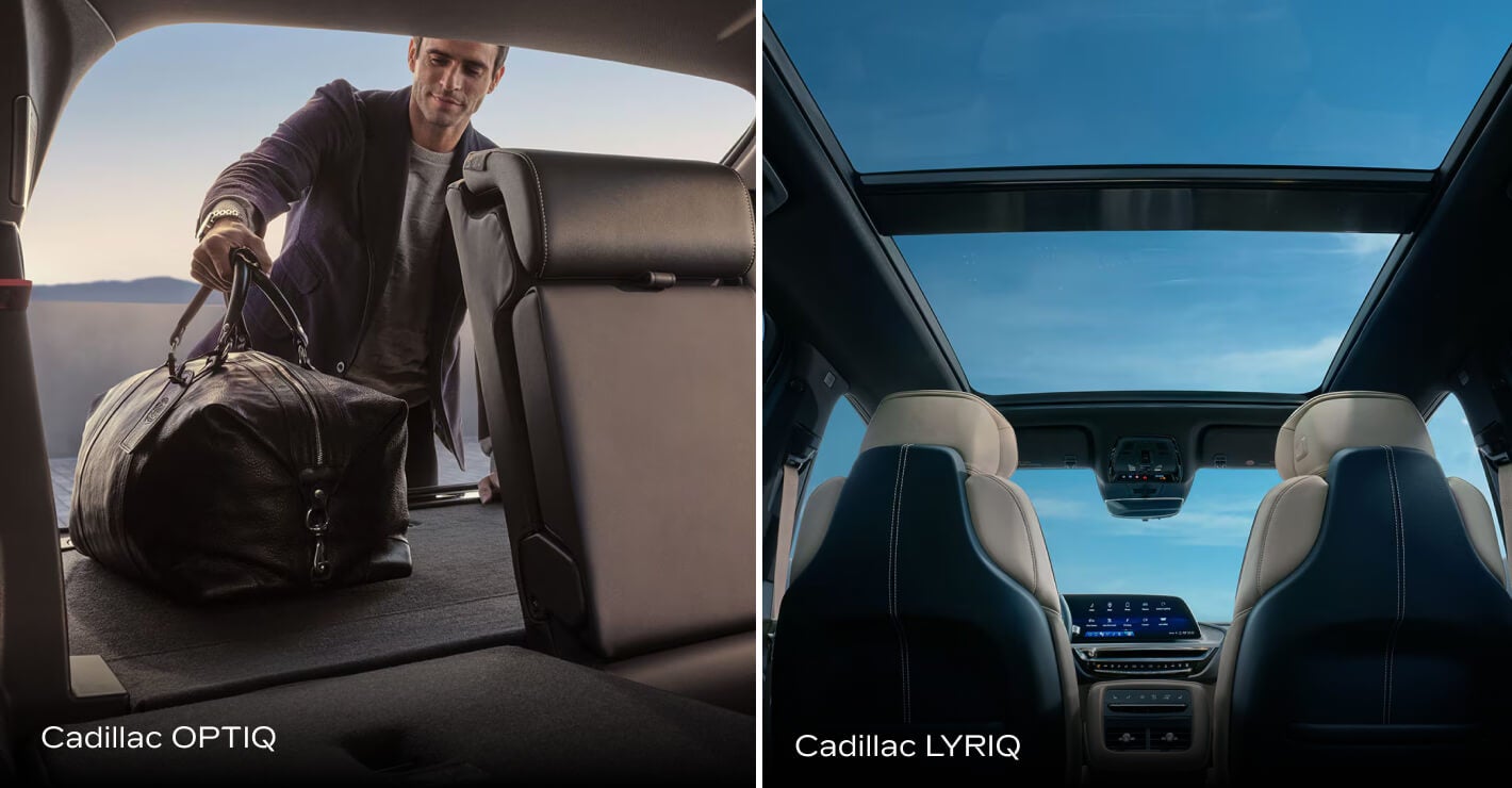 A man loading a bag into the trunk of a 2027 Cadillac OPTIQ and a low angle interior view of a LYRIQ showcasing trim materials and sunroof.