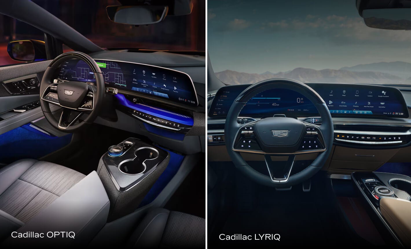 Interior perspective shots of 2027 Cadillac OPTIQ and LYRIQ cockpits and instrument clusters.