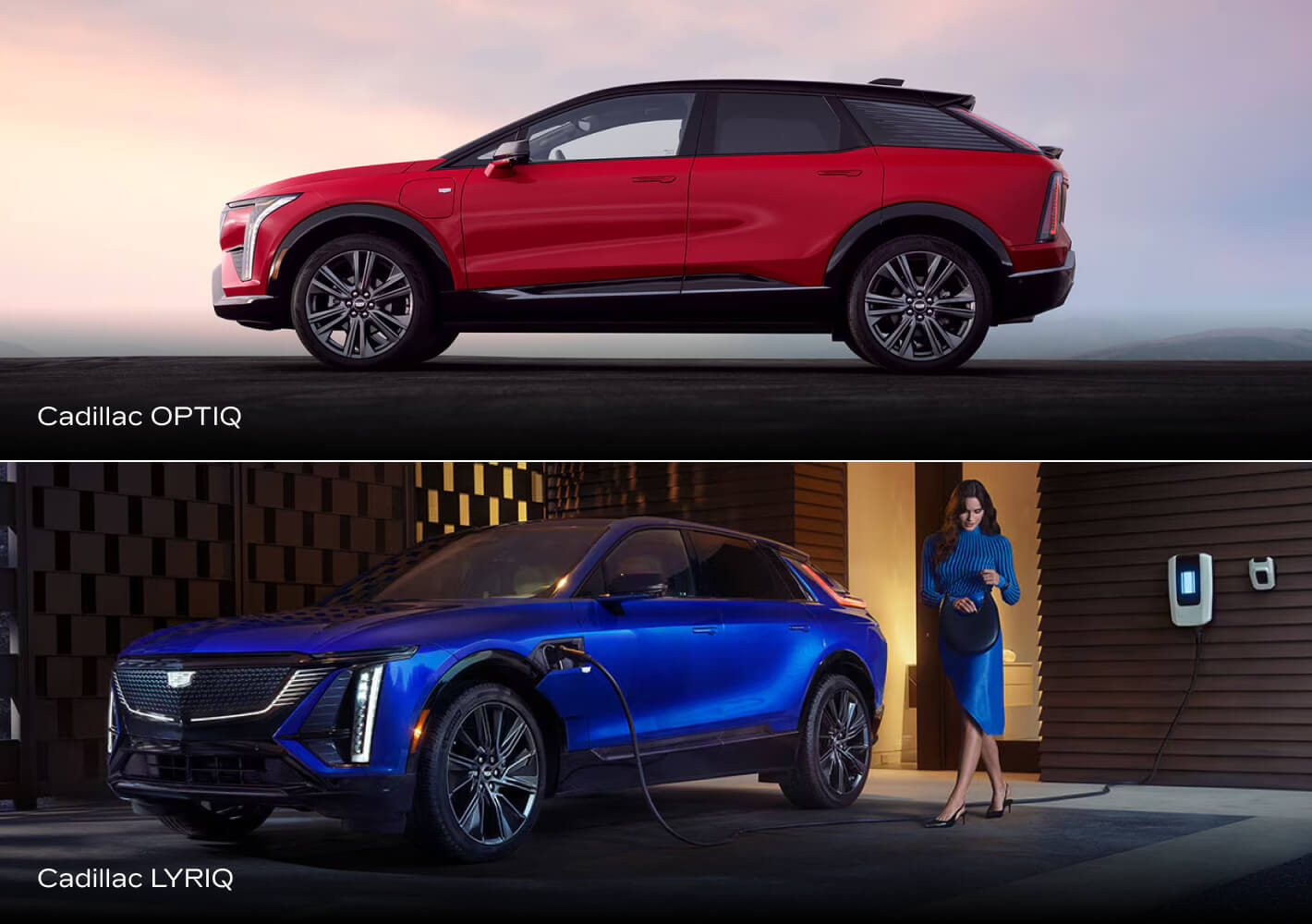 Exterior views of a red 2027 Cadillac OPTIQ parked in a bright open lot and a blue OPTIQ charging in a driveway.